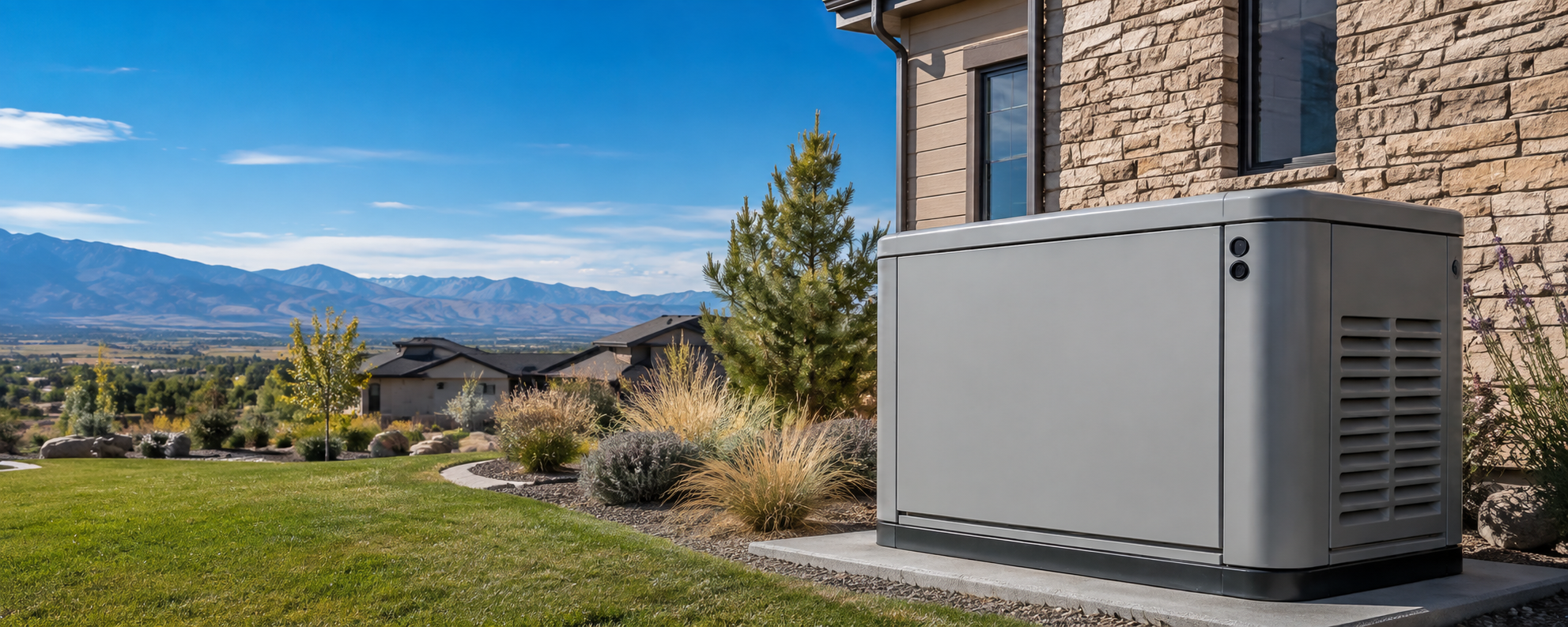 Permanent standby generator installed beside a Denver-area home with Colorado foothills in the distance